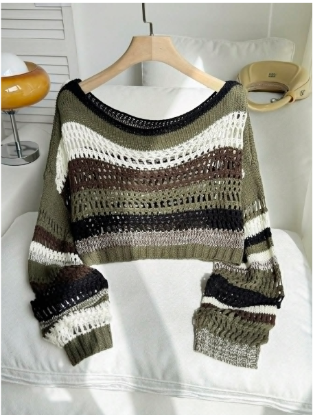 Plus Size Colorblock Striped Hollow Out Cropped Knit Sweater Winter Fall Autumn