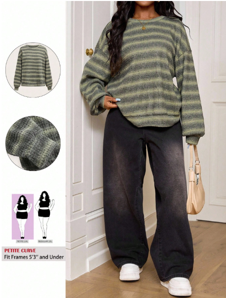 CURVE Plus Size Plus Size Crew Neck Striped Jumper Casual Y2k 90's Stripe Plus Size Airport Outfits Petite Curve Sweater Striped Sweater Green Striped Sweater In Fall/Winter