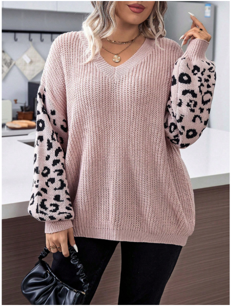 Fashionable Leopard Print Patchwork Sweater, Autumn/Winter