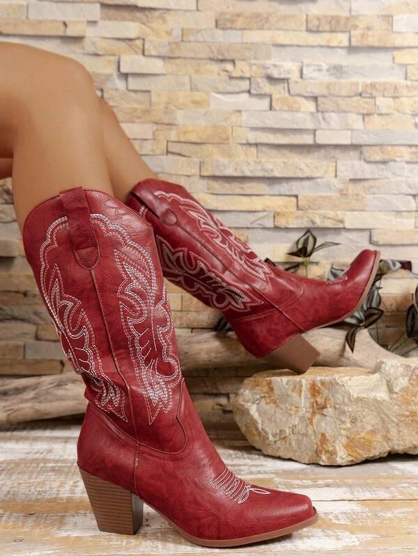 Women's Classic Pointed Toe Chunky Heel Mid-Calf Boots, Casual Elegant Knee-High Boots For Winter, Embroidered Red Boots