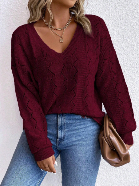 Plus Size Women's Solid Color V-Neck Hollow Out Long Sleeve Casual Pullover Sweater, Burgundy, Autumn/Winter