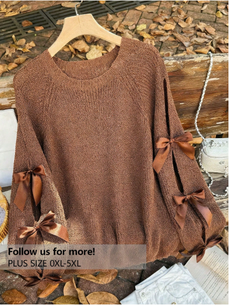 Plus Size Loose Knit Sweater With Hollow Bow Knot Decor, Plus Size Cute Fall Pullover In Beige, For Winter Autumn