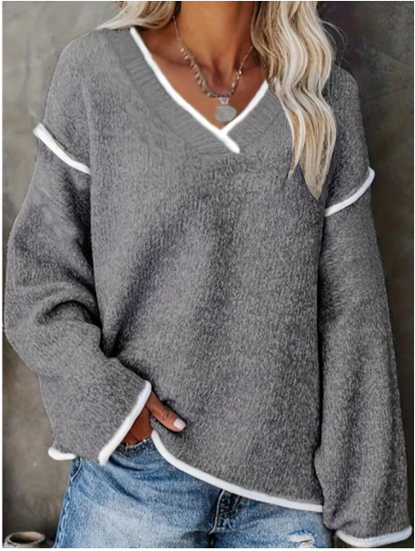 Plus Women's V-Neck Casual Solid Color Long Sleeved Sweater