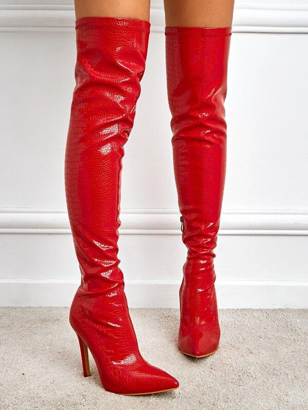 Women's Pointed Toe Faux Crocodile Texture Fashion High Heel Over-The-Knee Boots