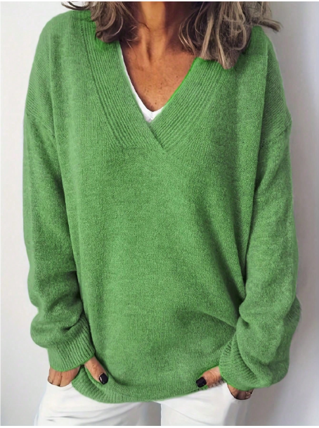Women Solid Color Casual V-Neck Drop Shoulder Long Sleeve Pullover Sweater, Autumn
