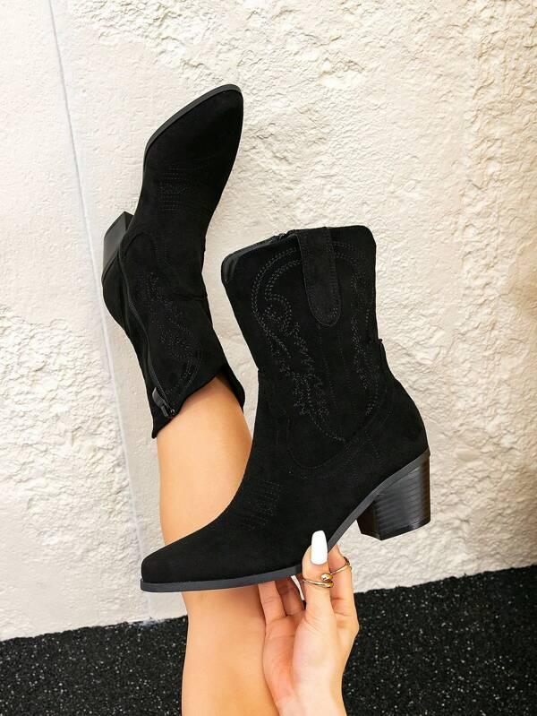 Women's Black Western Boots With Embroidery, Ankle Boots And Short Boots