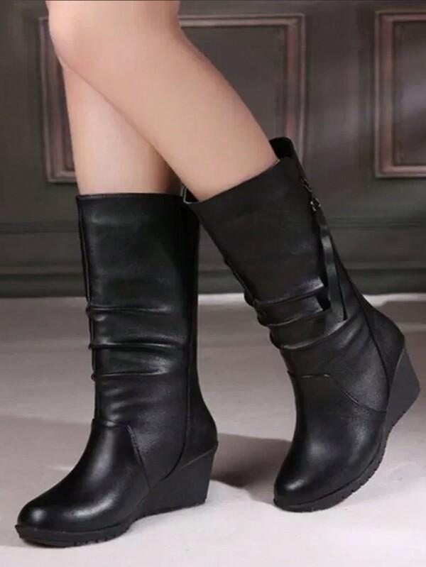 Women Mid-Calf Boots Black High Heel Boots
