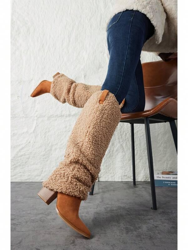 Women Knee High Boots Western Cowboy Boots Chunky Heeled Warm Boots Slouch Tall Boots