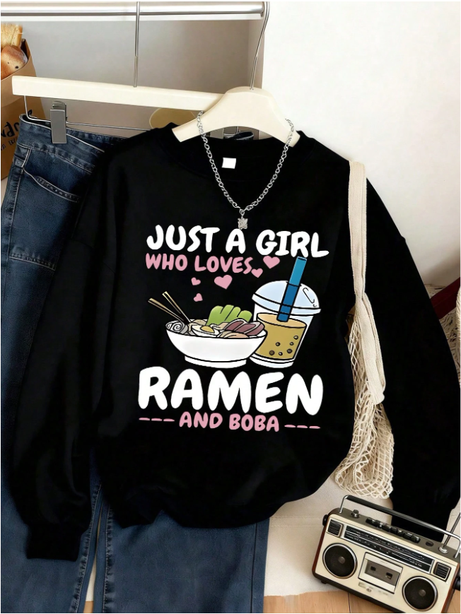 Teen Girl Fashionable Creative Cartoon Cute Milk Tea Cartoon Pattern Printed Warm Round-Neck Sweatshirt - Comfortable Long-Sleeved Casual Pullover, Machine Washable, Daily Essential, Loose Style