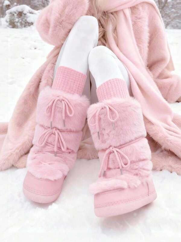 Knee High Boots For Women,Fuzzy Flat Round Toe Rhinestone Lace-Up Slip On Warm Shoes