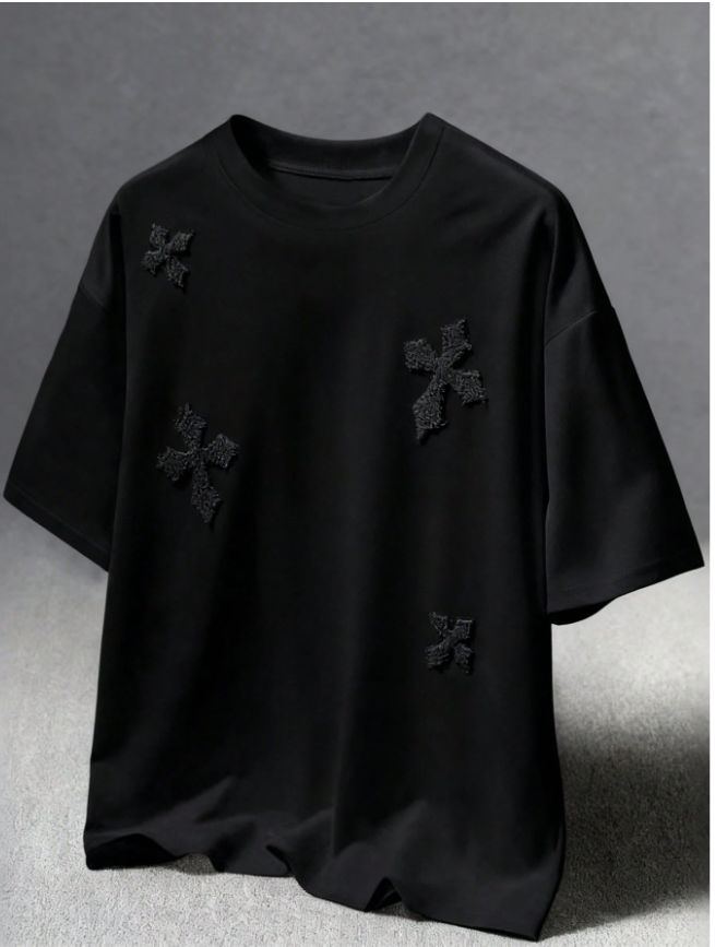Teenage Boys' Cross 3D Embroidery Round Neck Short Sleeve Gothic Street T-Shirt