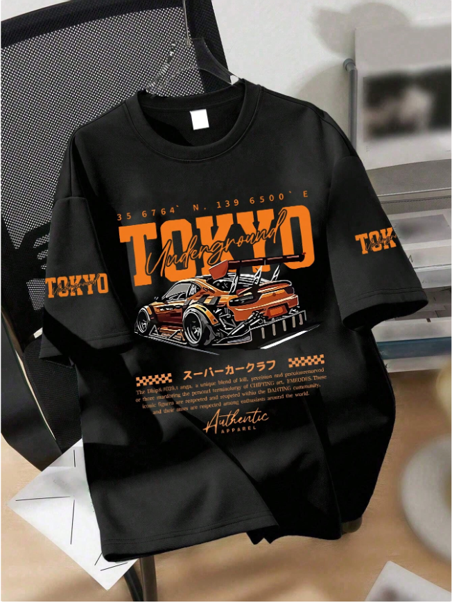 Teen Boys Tokyo Print Graphic Tee, Short Sleeve Car Print, Racing Vibe, Urban Style