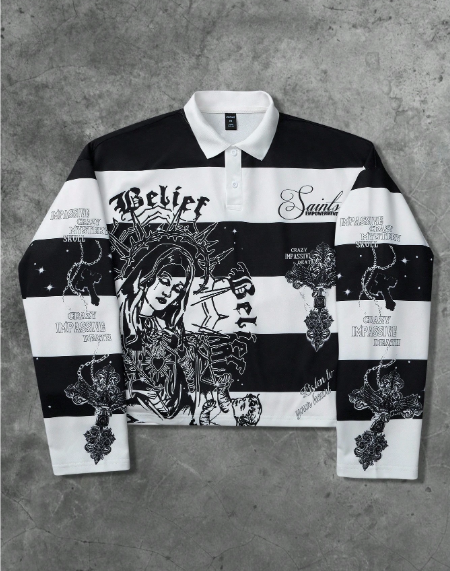 MEN Street Life Men Retro Virgin Mary Striped Letter Graphic Print Street Style Pullover Sweatshirt, Fall