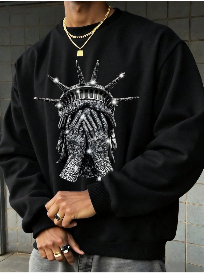 Teen Boy Clothes Street Fashion Statue Pattern Print Oversized Loose Long-Sleeved Round-Neck Sweatshirt