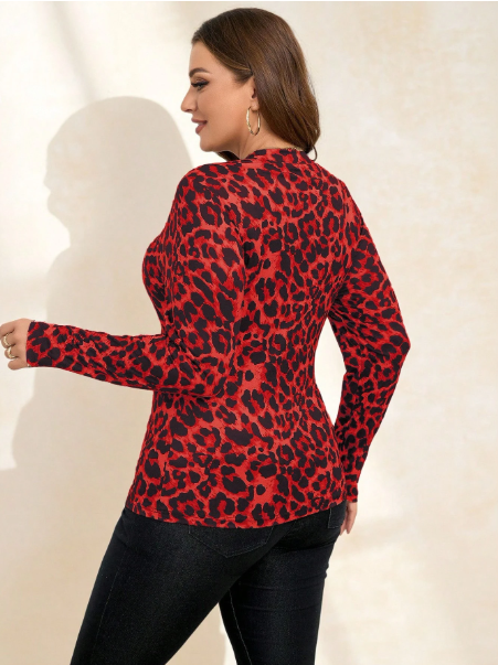 Plus Size Elegant High Neck Fitted Leopard Print Long Sleeve Base Layer T-Shirt