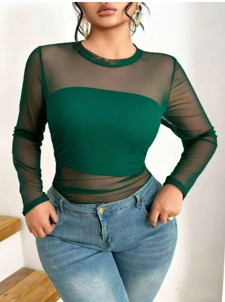 Christmas Plus Size Classic Versatile Black Sexy Round Neck Long Sleeve Mesh T-Shirt