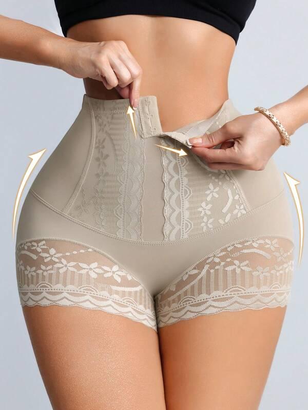 Women Front Button High Compression Tummy Control Shapewear Panties, Waist Trainer Tummy Control, Waist Shapewear, Solid Color With Lace Detail