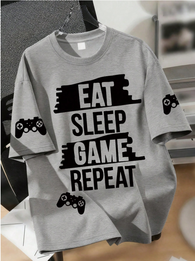 1 Piece Gaming Theme Teen T-Shirt For Boys, "Eat Sleep Game" Slogan Top, Spring & Summer School Daily Wear