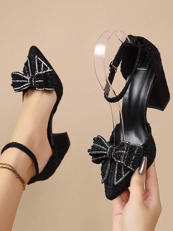 Women's New Pointed Toe High Heel Sandals With Rhinestones, Bowknot Transparent Fairy Strap