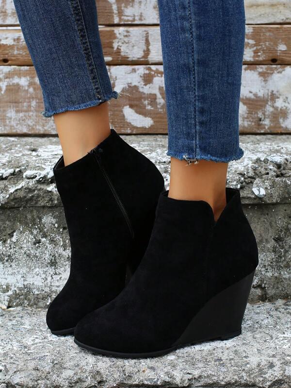 Women's Fashion Nude Boots, Wedge Heel Thick Platform Ankle Boots, Black Side Zipper Daily Wear Shoes