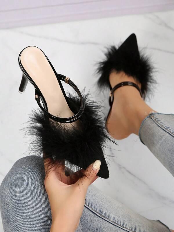 Women's Fuzzy Pointed Toe Slim High Heel Mules, European Style Closed Toe Slides