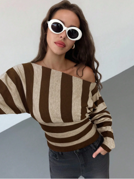 Asymmetric Shoulder Black & White Striped Batwing Sleeve Cinched Waist Tight Fitted Young Lady Sweater