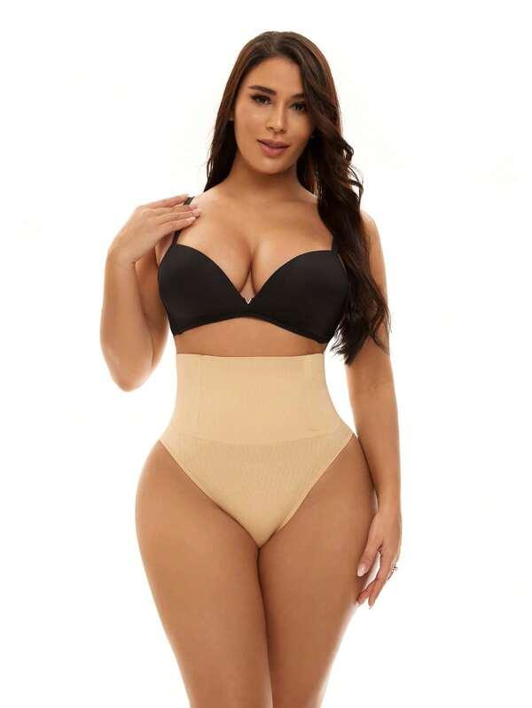 Women's Plus Size High Waisted Apricot Rib-Knit Thongs For Casual Comfy Wear