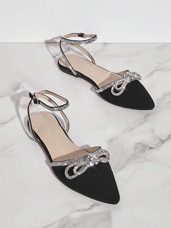Women's Slingback Rhinestone Bow Pointed Toe Nub Black Mules – Chic & Comfortable Elephant Flats Summer Shoes