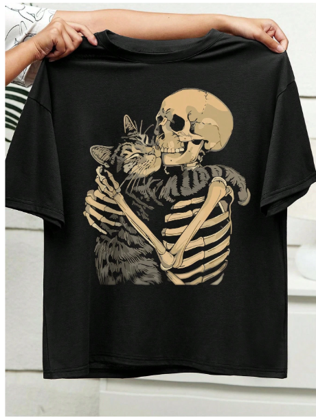 Plus Size Women Casual Skull & Cat Graphic Short Sleeve Round Neck T-Shirt, For Summer