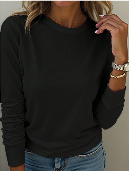 A Large-Sized Black Round-Neck Long-Sleeved T-Shirt, Comfortable And Versatile Fall Cloth For Women