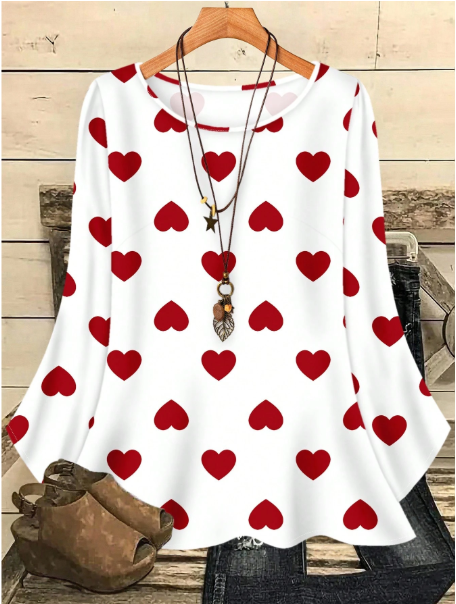 Plus Size Women Casual All-Over Print Round Neck Loose 3/4 Sleeve Shirt/Valentine's Day