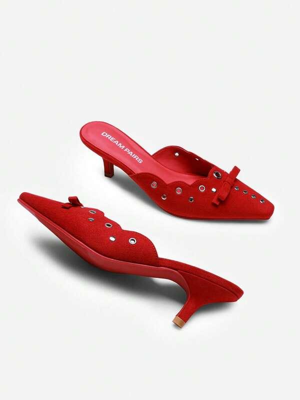 Women's Pointed Toe Kitten Heel Mules Slip-On Bowknot Fashionable Elegant Pumps