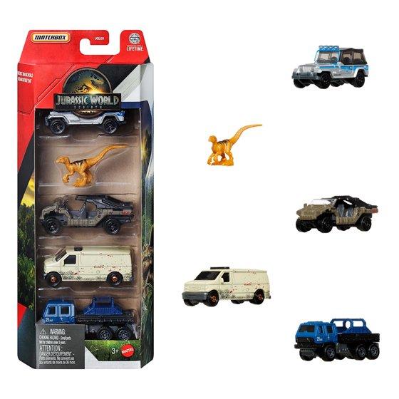 Matchbox Jurassic World 5-Pack, 4 1:64 Scale Die-Cast Toy Cars with 1 Dinosaur (Styles May Vary)