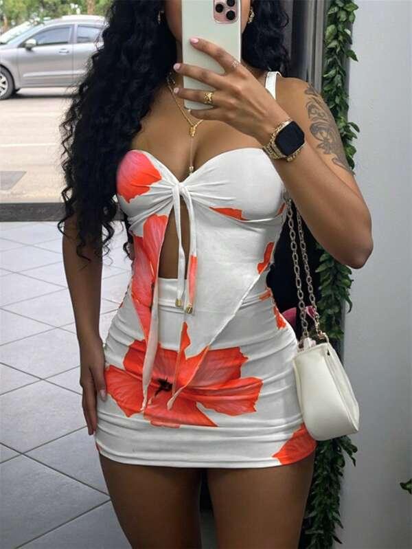 Women Summer Vacation Camisole Top & Mini Skirt 2 Pieces Set Orange